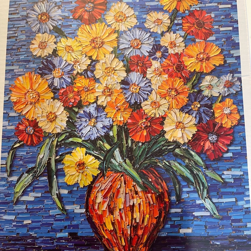 Vibrant Floral Mosaic Art in Red, Yellow, and Blue